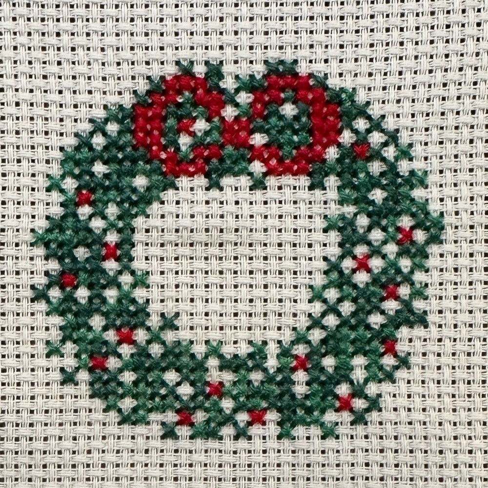 Completed Crossstitch needlework panel Holiday wreath with a red bow Vtg design